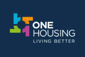 One Housing Living Better Logo - Blue, orange, pink and green