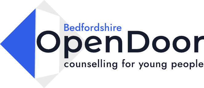 Logo for Bedfordshire Open Door Counselling for Young People. Colours are blue, black and white
