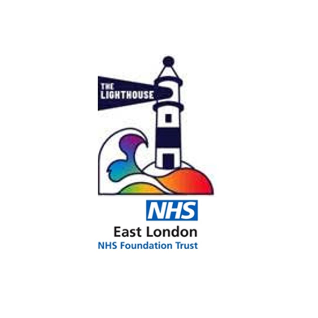 The Lighthouse logo - a black and white lighthouse on a rainbow coloured sea, with the beacon showing 'The Lighthouse' and the East London NHS logo below