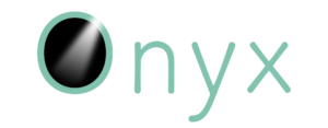 Onyx logo - green text on white background, the O is filled in black with a white spotlight