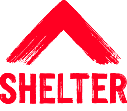 Shelter logo - red text with a red roof image over it