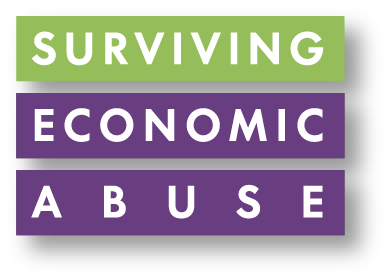 Surviving Economic Abuse logo - 3 stripes, top 1 is green, others are purple with white text