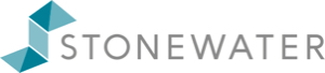 Stonewater logo - grey text on white background with blue image