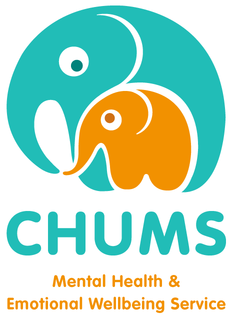 CHUMS logo - a large blue and small orange elephant image, CHUMS logo in blue below and orange text Mental Health & Emotional Wellbeing Service in orange