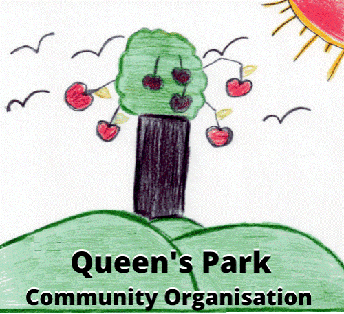 Queen's Park Community Organisation logo, childs drawing of an apple tree on a hill
