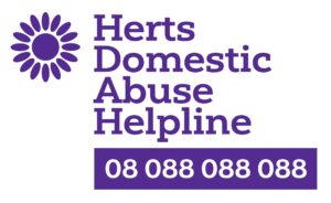 Herts Domestic Abuse Helpline logo - white background with purple text and image of a flower