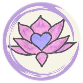 Parallel Lives logo. Purple heart surrounded by pink petals on a cream background, bordered by a purple circle
