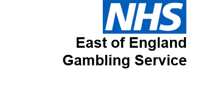 NHS East of England Gambling Service logo - blue square with NHS in white text, then black text underneath for East of England Gambling Service