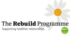 Rebuild logo: daisy with 2 petals missing and text 'The Rebuild Programme. Supporting healthier relationships' in black. Green circular Central Beds logo