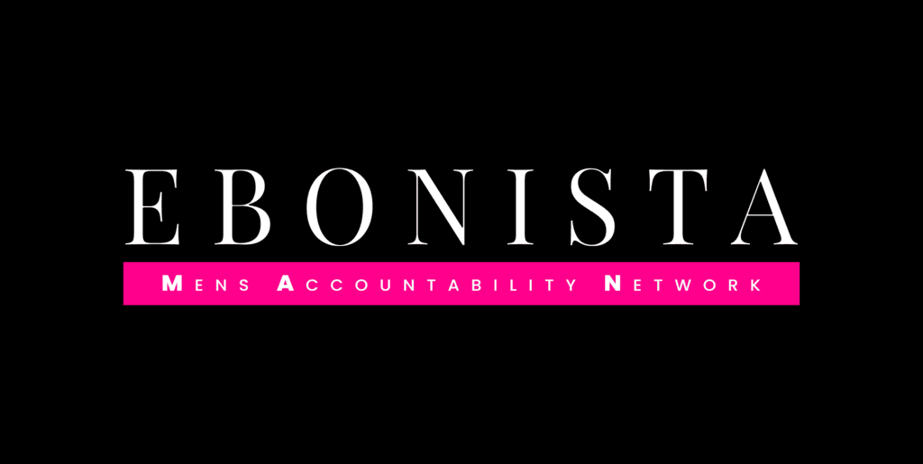 Ebonista logo for Men's Accountability Network. White text on black background with a pink strip